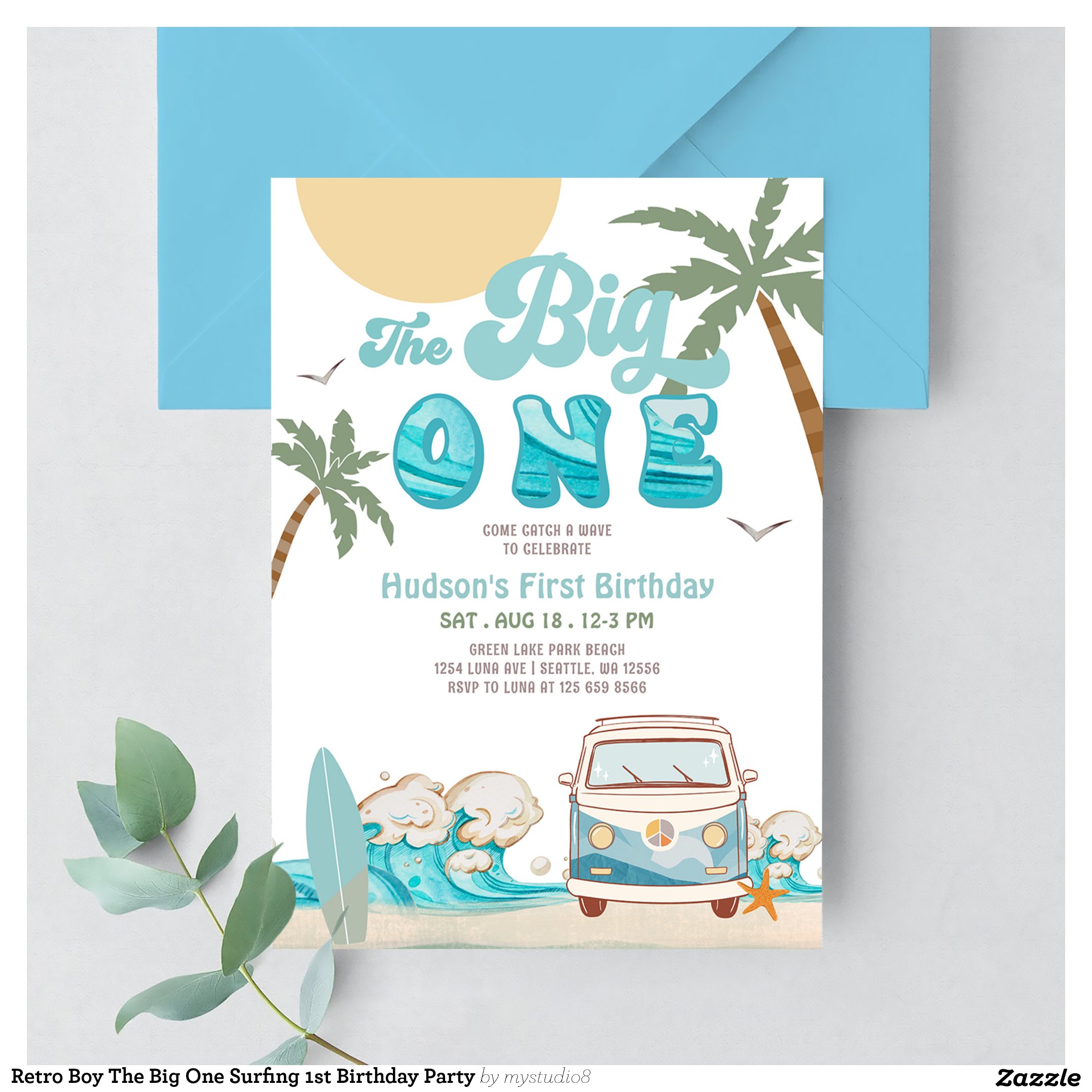 Retro Boy The Big One Surfing 1st Birthday Party Invitation