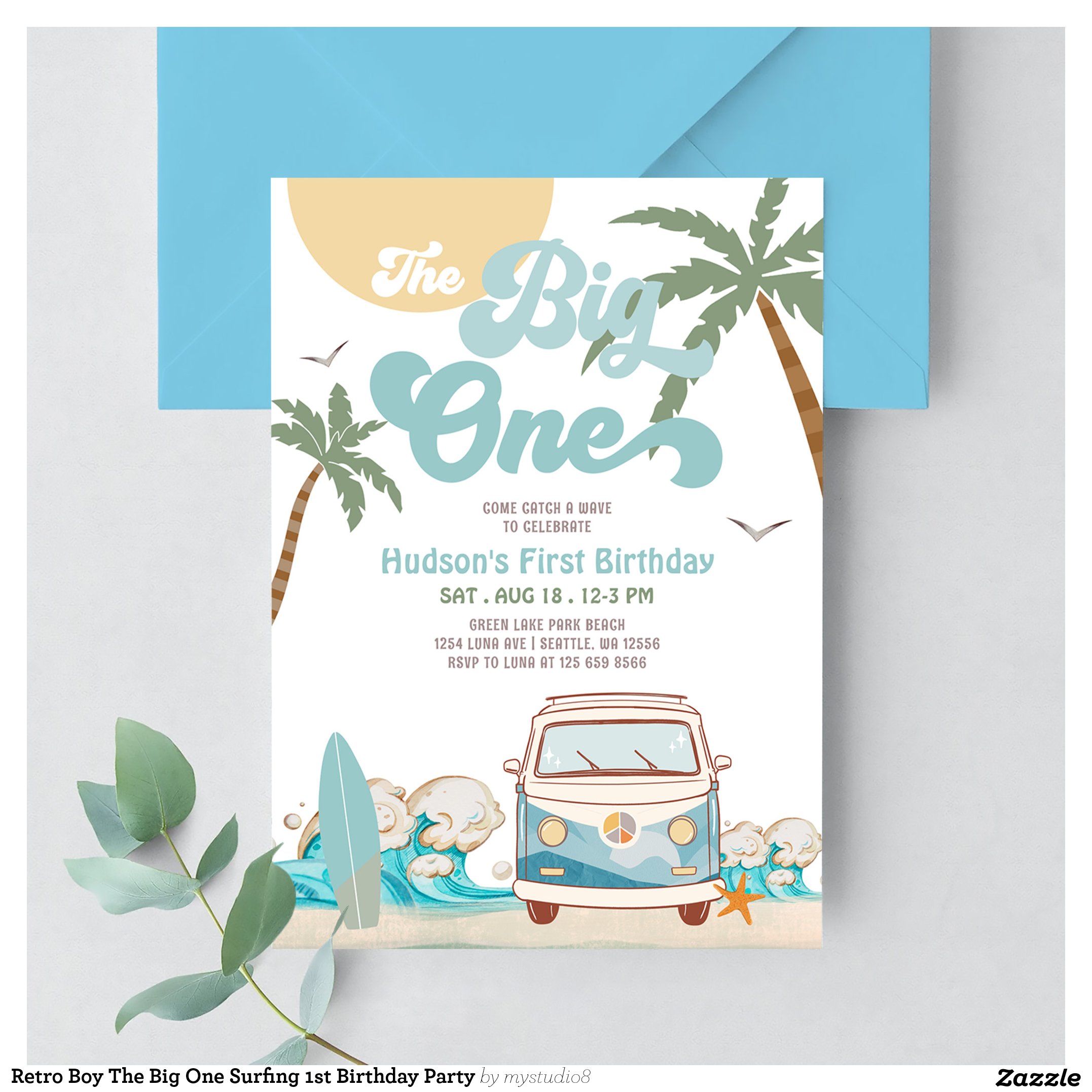 Retro Boy The Big One Surfing 1st Birthday Party Invitation