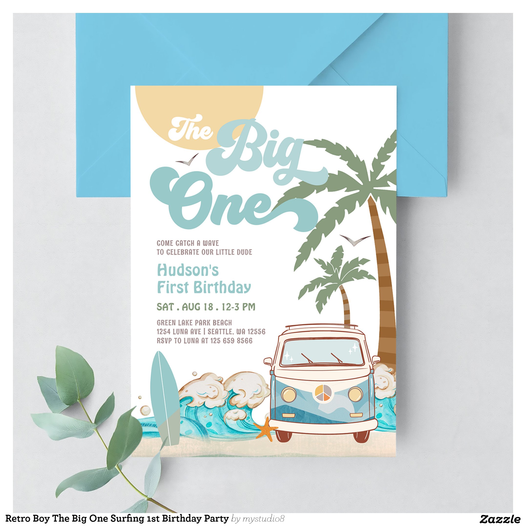 Retro Boy The Big One Surfing 1st Birthday Party Invitation
