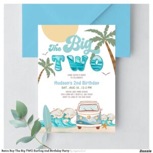 Retro Boy The Big TWO Surfing 2nd Birthday Party Invitation