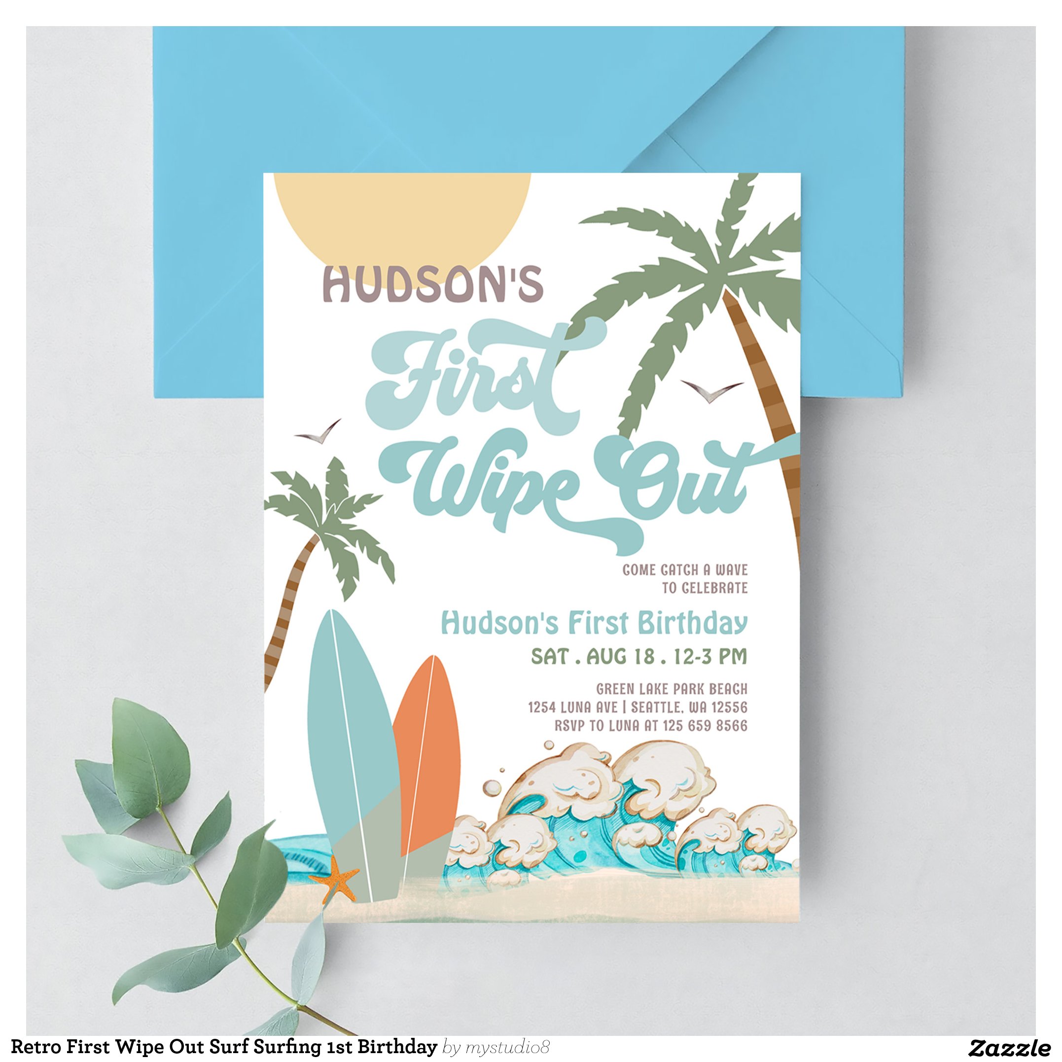 Retro First Wipe Out Surf Surfing 1st Birthday Invitation