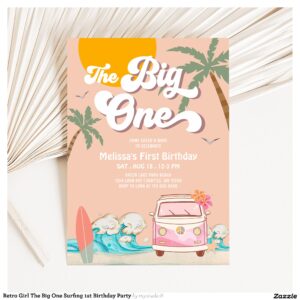 Retro Girl The Big One Surfing 1st Birthday Party Invitation
