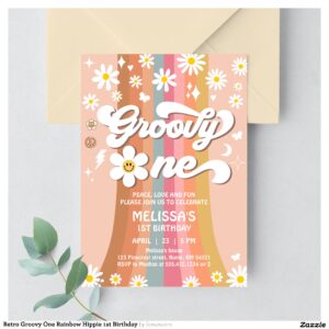 Retro Groovy One Rainbow Hippie 1st Birthday Invitation