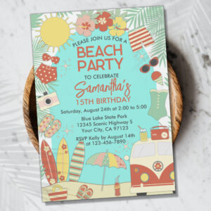 Retro Groovy Stylish Beach or Pool Birthday Party Invitation