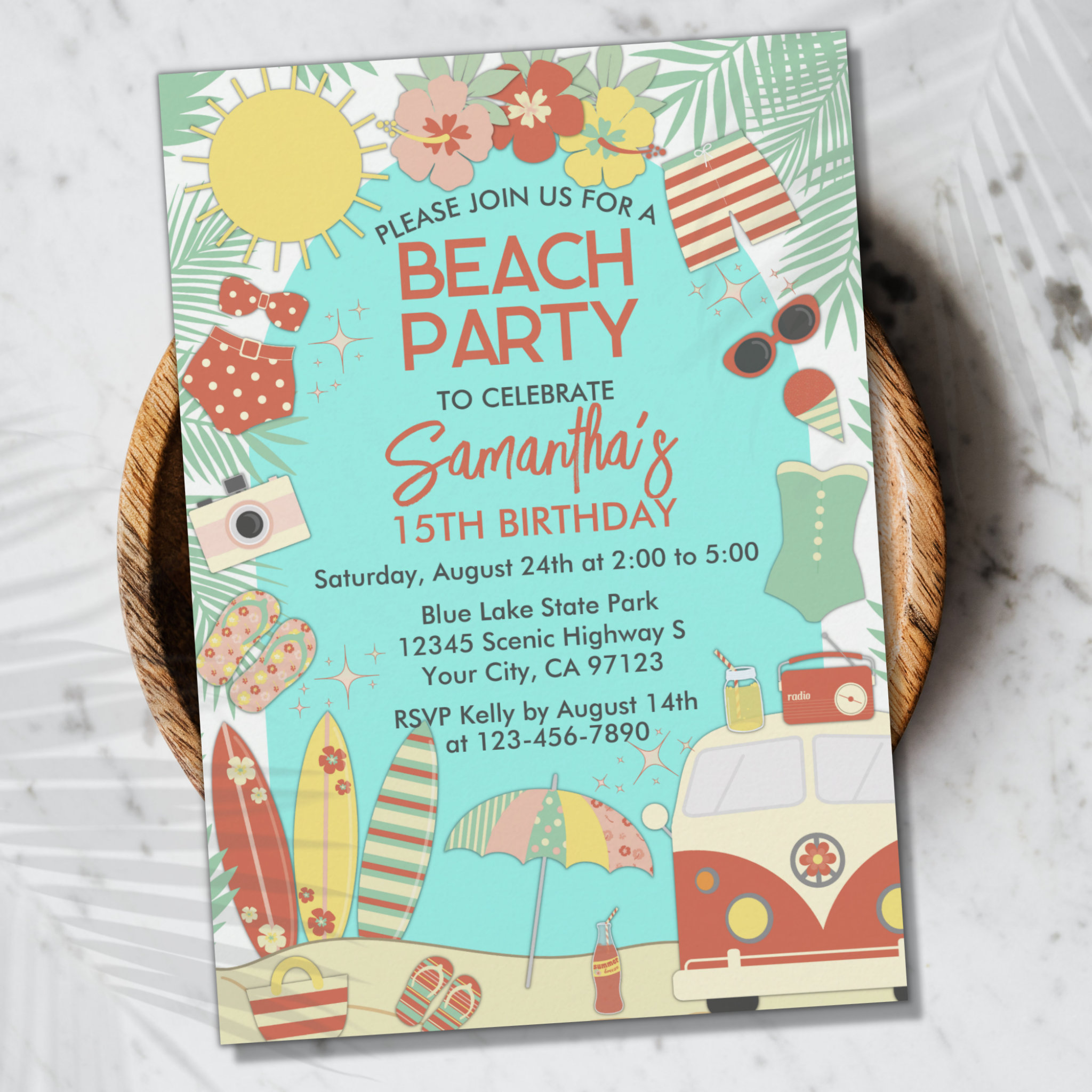 Retro Groovy Stylish Beach or Pool Birthday Party Invitation