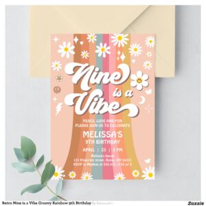 Retro Nine is a Vibe Groovy Rainbow 9th Birthday Invitation