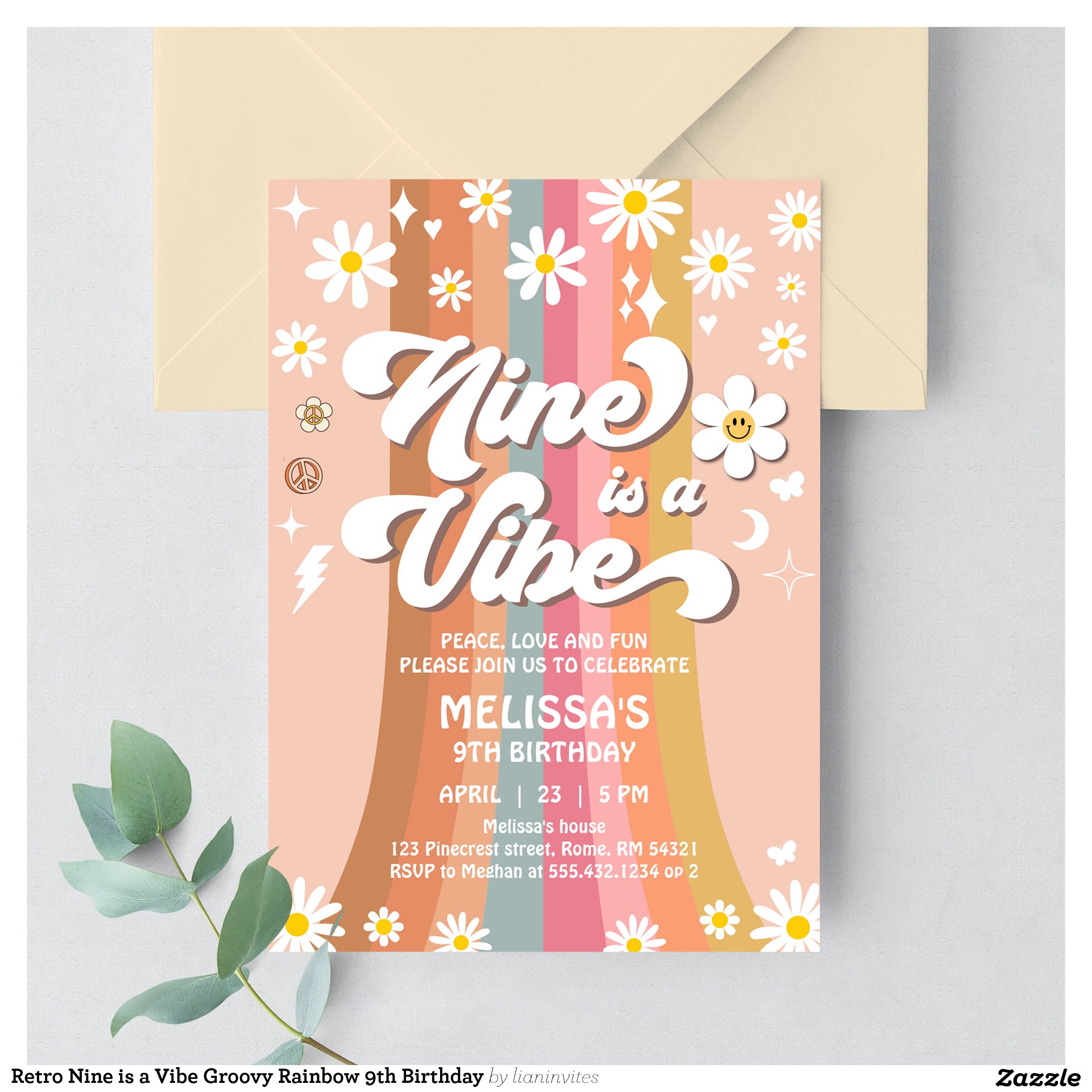 Retro Nine is a Vibe Groovy Rainbow 9th Birthday Invitation