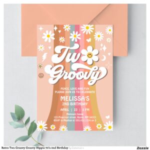 Retro Two Groovy Groovy Hippie 70's 2nd Birthday Invitation