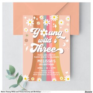 Retro Young Wild and Three Groovy 3rd Birthday Invitation
