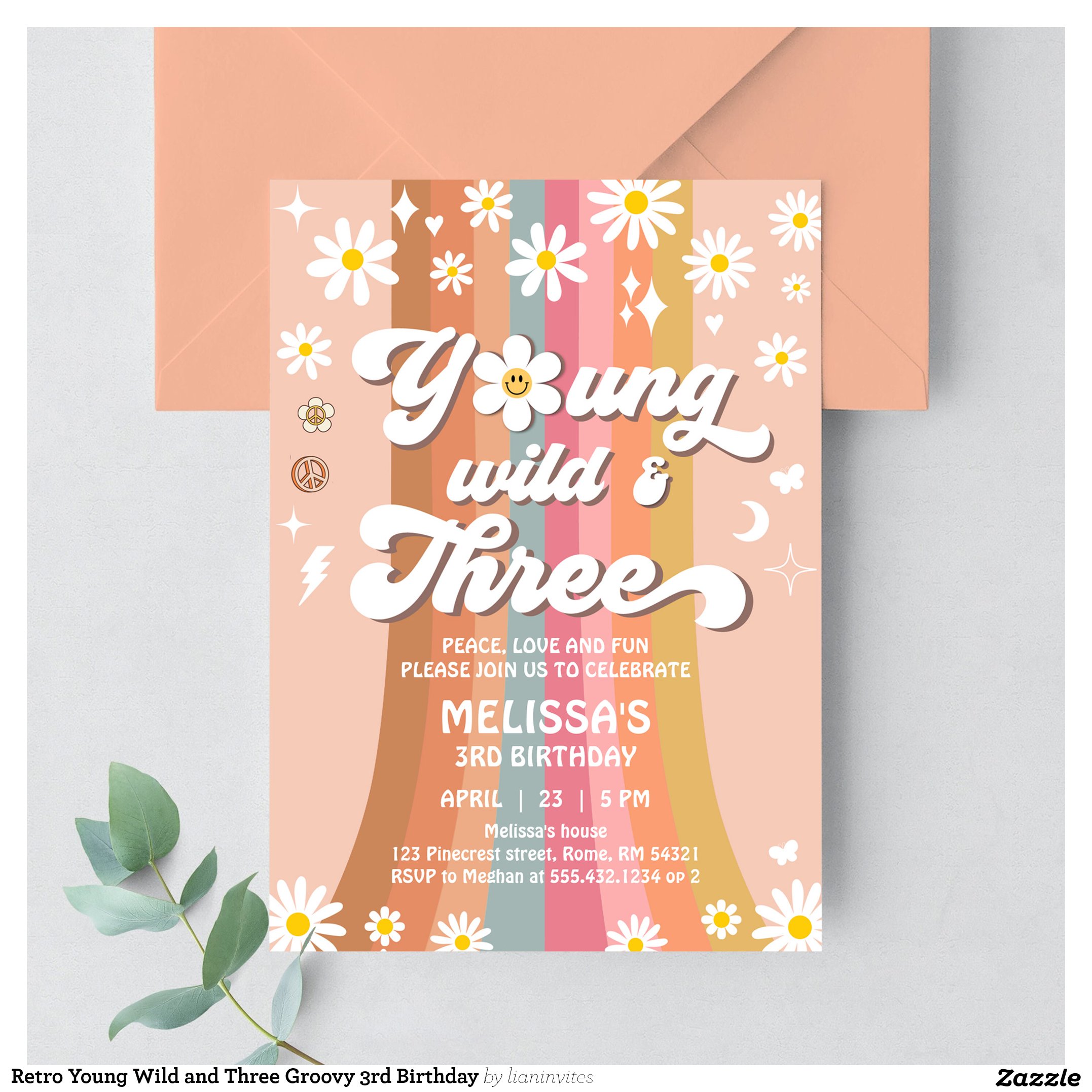 Retro Young Wild and Three Groovy 3rd Birthday Invitation