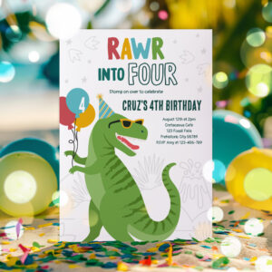 Roar Into Four T-Rex Dinosaur 4th Birthday Party Invitation
