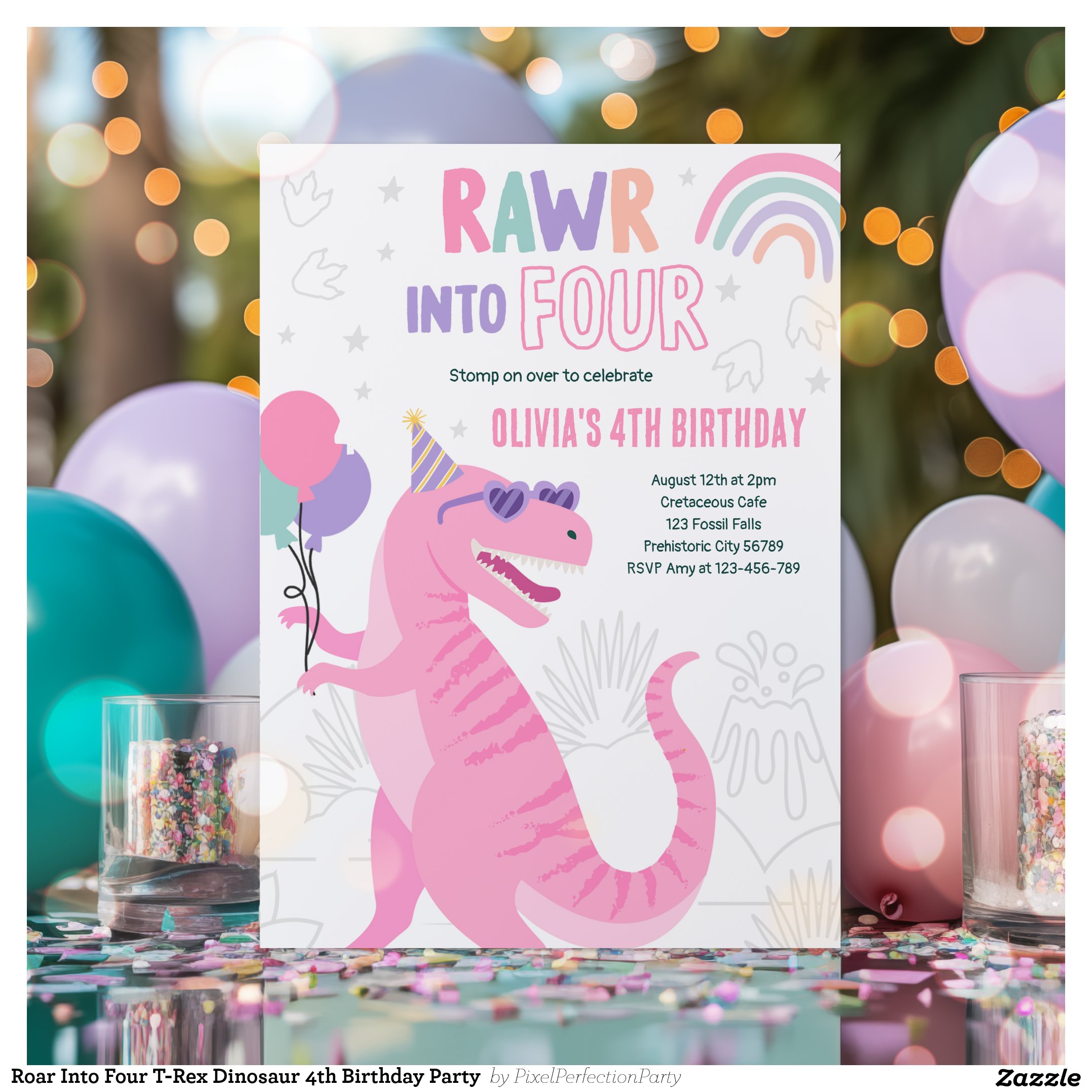Roar Into Four T-Rex Dinosaur 4th Birthday Party Invitation