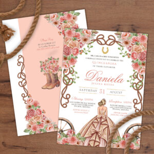 Rose Gold Champagne Pink Charro Rustic Quinceanera Invitation