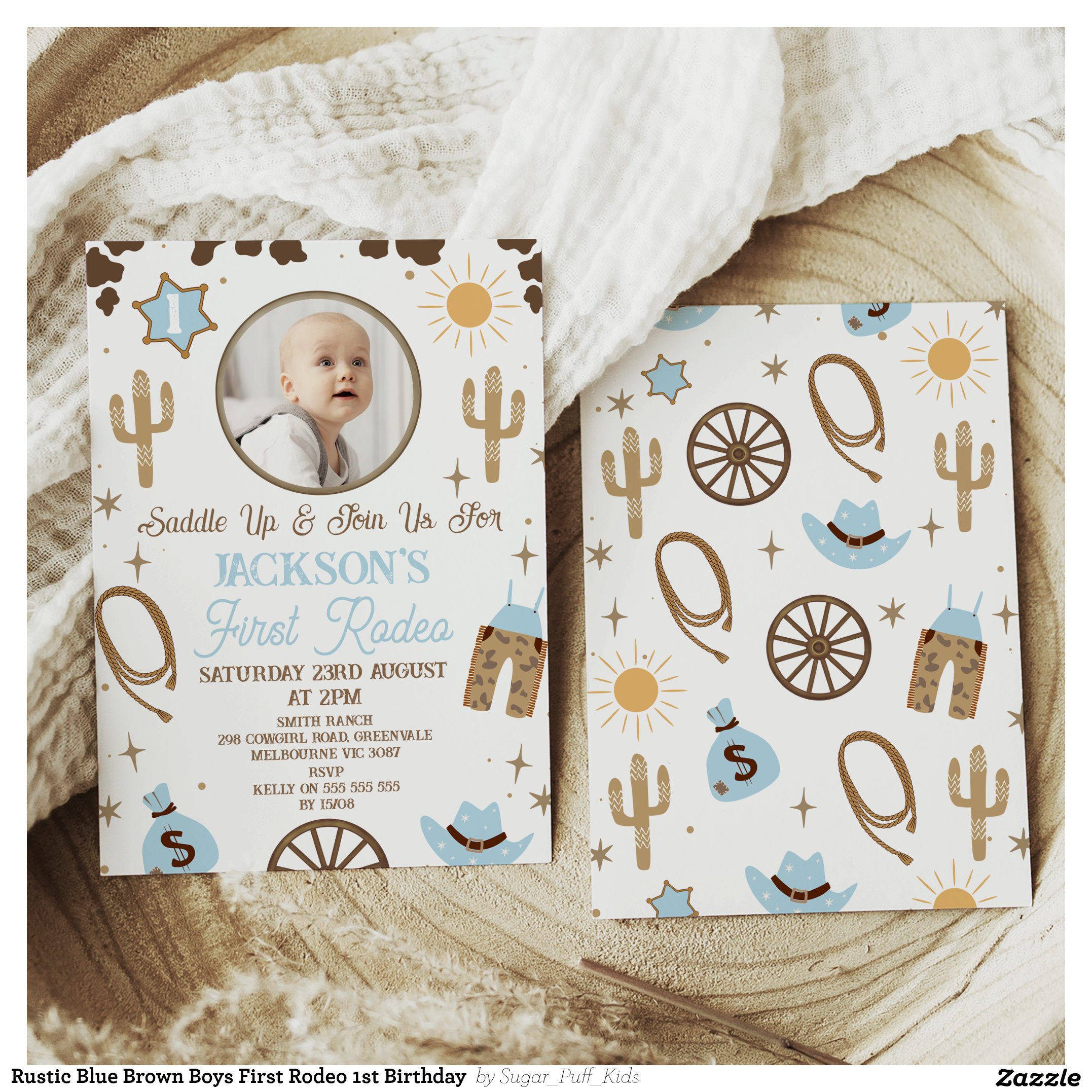 Rustic Blue Brown Boys First Rodeo 1st Birthday Invitation