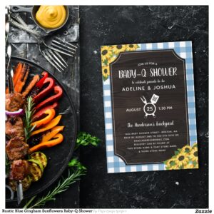 Rustic Blue Gingham Sunflowers Baby-Q Shower Invitation