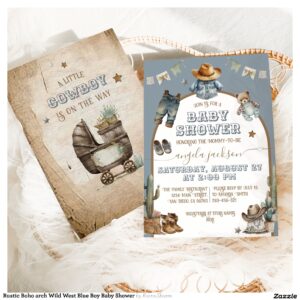 Rustic Boho arch Wild West Blue Boy Baby Shower Invitation
