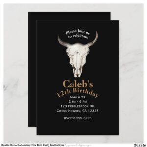 Rustic Boho Bohemian Cow Bull Party Invitations
