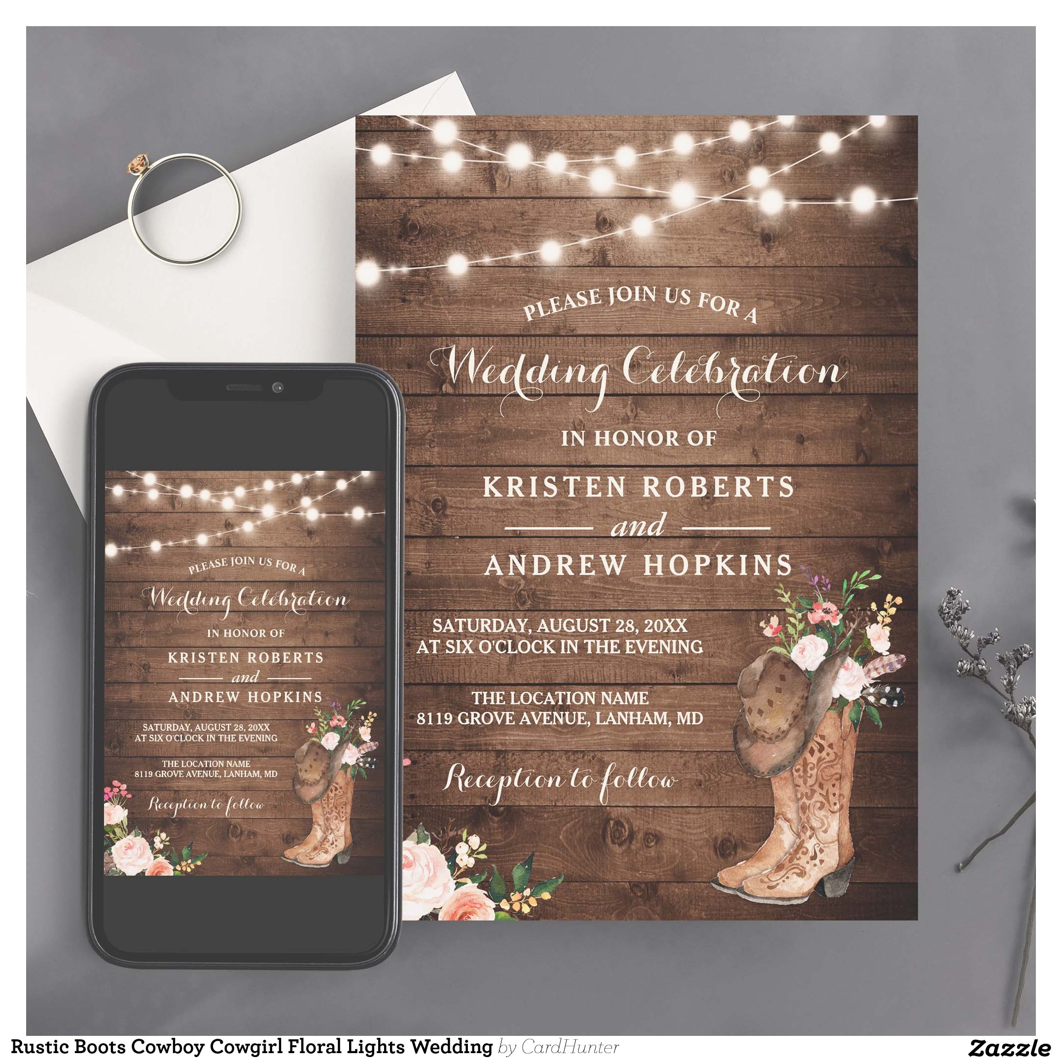 Rustic Boots Cowboy Cowgirl Floral Lights Wedding Invitation