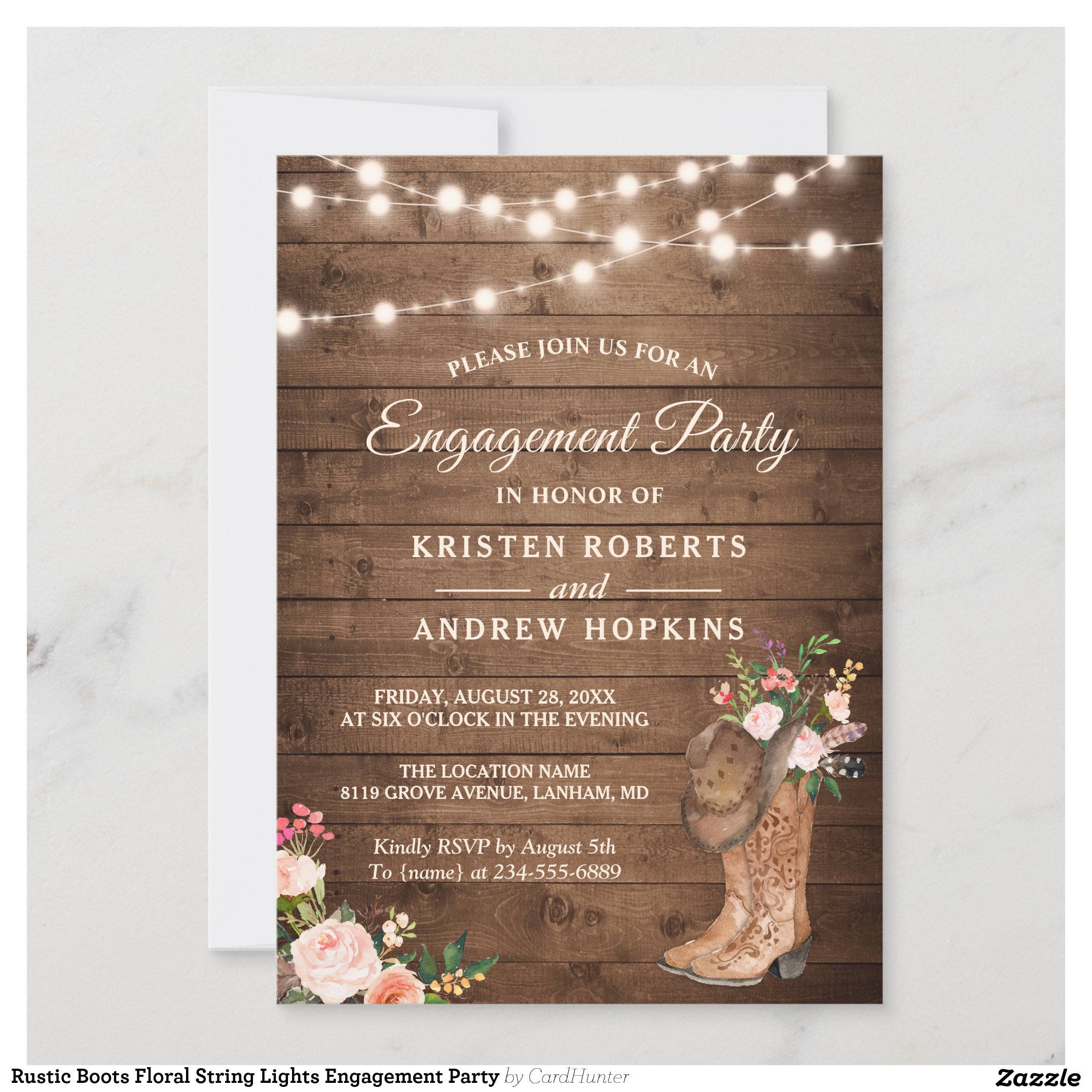 Rustic Boots Floral String Lights Engagement Party Invitation