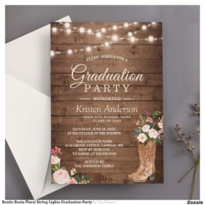 Rustic Boots Floral String Lights Graduation Party Invitation