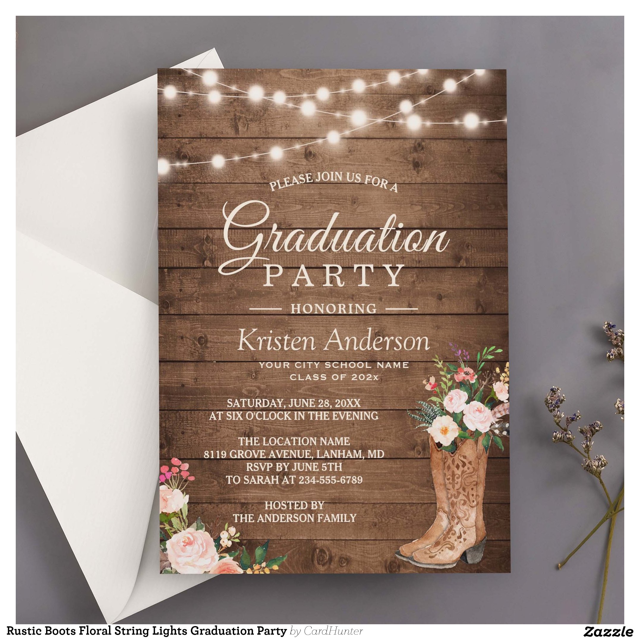 Rustic Boots Floral String Lights Graduation Party Invitation