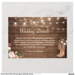 Rustic Boots Floral String Lights Wedding Details Enclosure Card