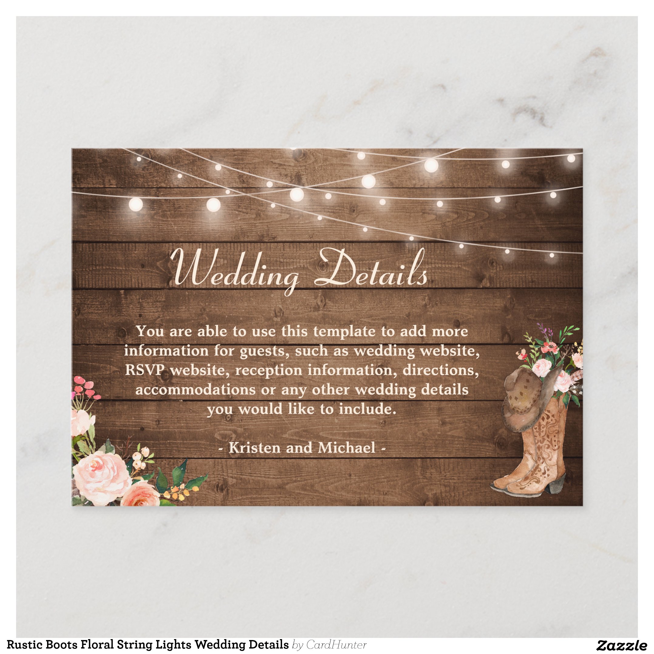Rustic Boots Floral String Lights Wedding Details Enclosure Card