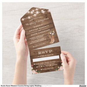 Rustic Boots Western Country String Lights Wedding All In One Invitation