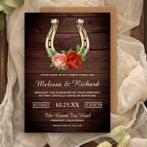 Rustic Country Barn Wood Floral Horseshoe Wedding Invitation