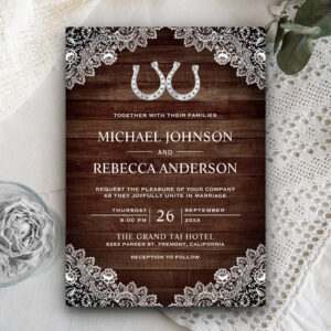 Rustic Country Barn Wood Horseshoe Lace Wedding Invitation