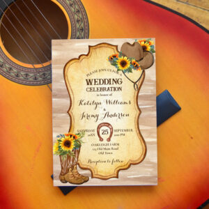 Rustic cowboy boots and hat sunflowers watercolor invitation