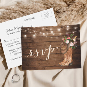 Rustic Cowboy Boots Floral String Lights RSVP Invitation Postcard
