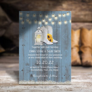 Rustic Cowboy Boots Lantern Dusty Blue Wedding Invitation