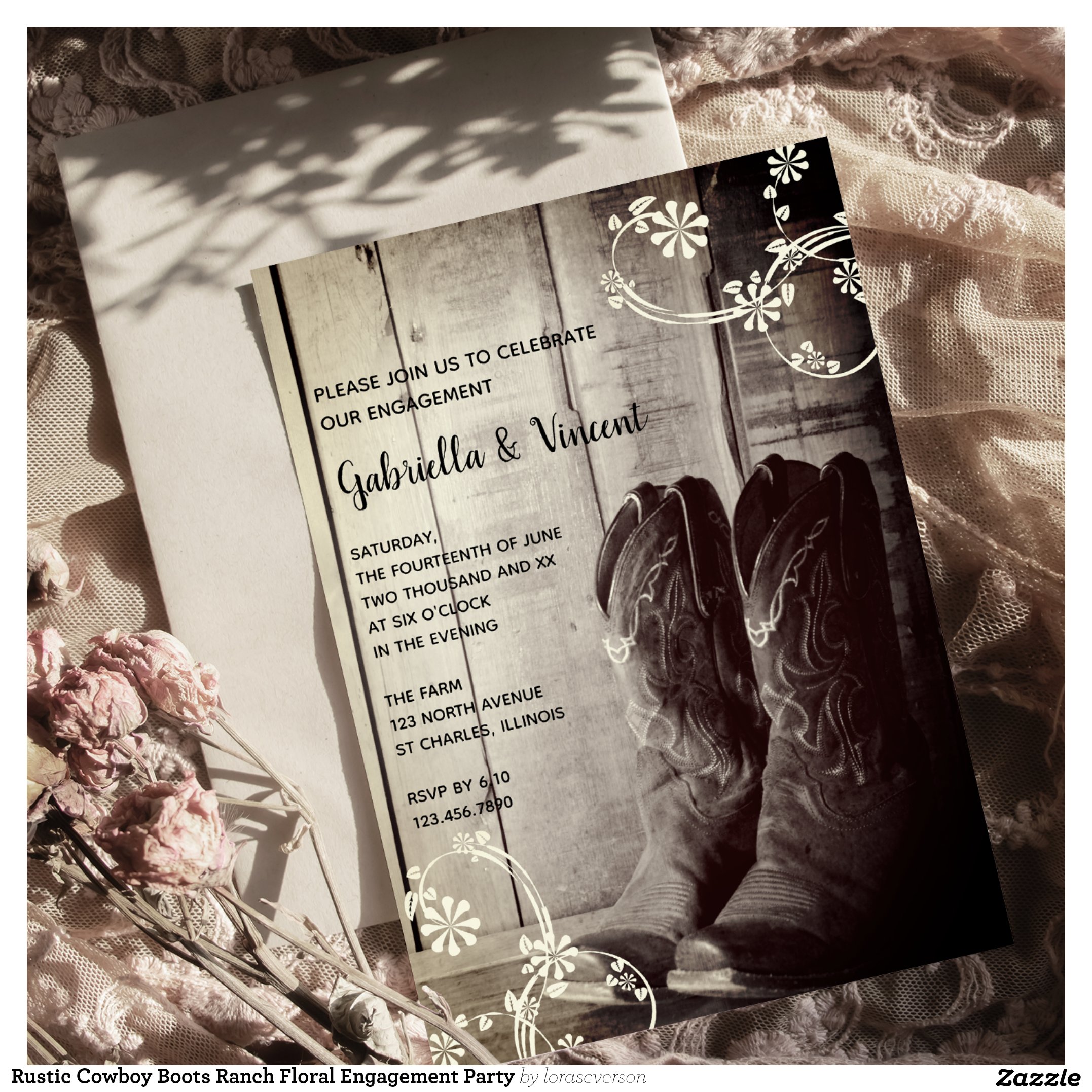Rustic Cowboy Boots Ranch Floral Engagement Party Invitation