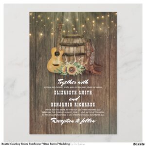 Rustic Cowboy Boots Sunflower Wine Barrel Wedding Invitation