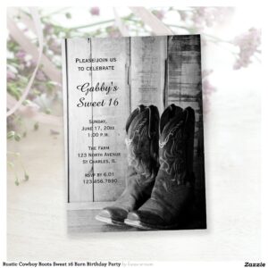 Rustic Cowboy Boots Sweet 16 Barn Birthday Party Invitation
