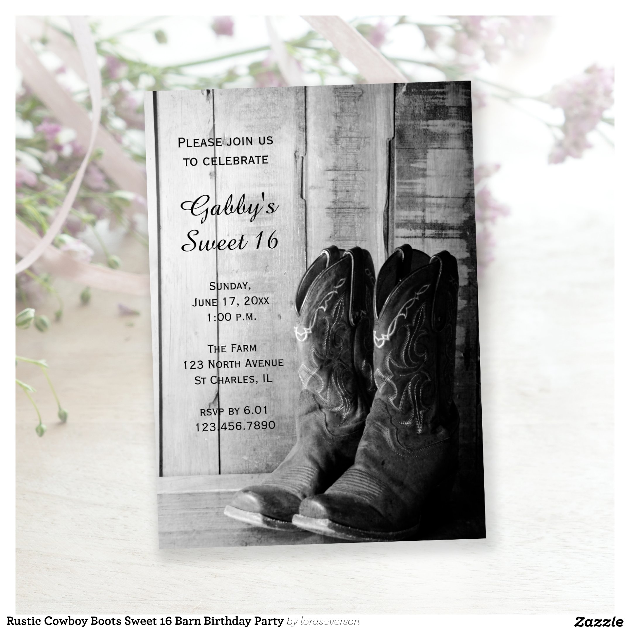 Rustic Cowboy Boots Sweet 16 Barn Birthday Party Invitation