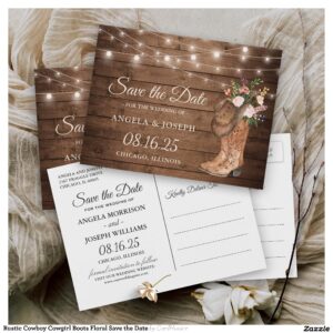 Rustic Cowboy Cowgirl Boots Floral Save the Date Announcement Postcard
