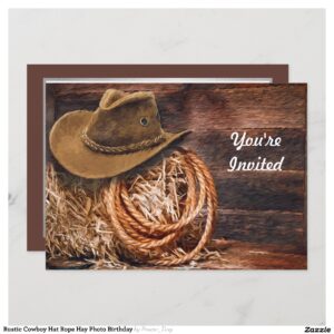 Rustic Cowboy Hat Rope Hay Photo Birthday Invitation