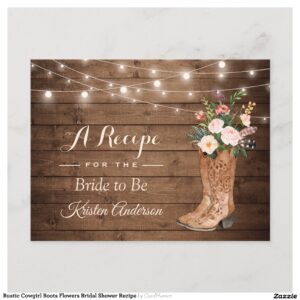 Rustic Cowgirl Boots Flowers Bridal Shower Recipe Postcard