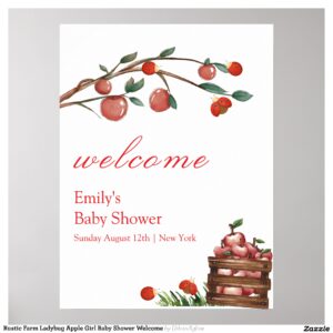 Rustic Farm Ladybug Apple Girl Baby Shower Welcome Poster