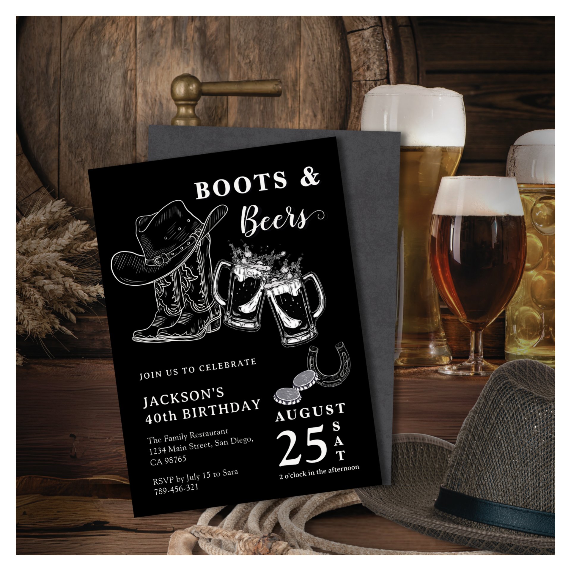 Rustic Hand Sketch Boots & Beers Any Age Birthday Invitation