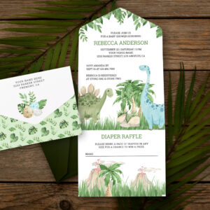 Rustic Jungle Watercolor Cute Dinosaur Baby Shower All In One Invitation