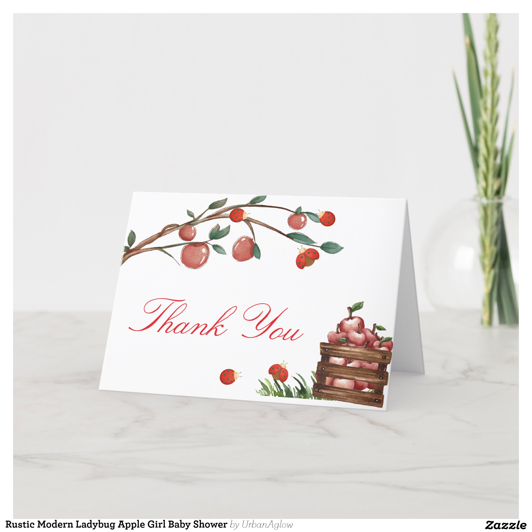Rustic Modern Ladybug Apple Girl Baby Shower Thank You Card