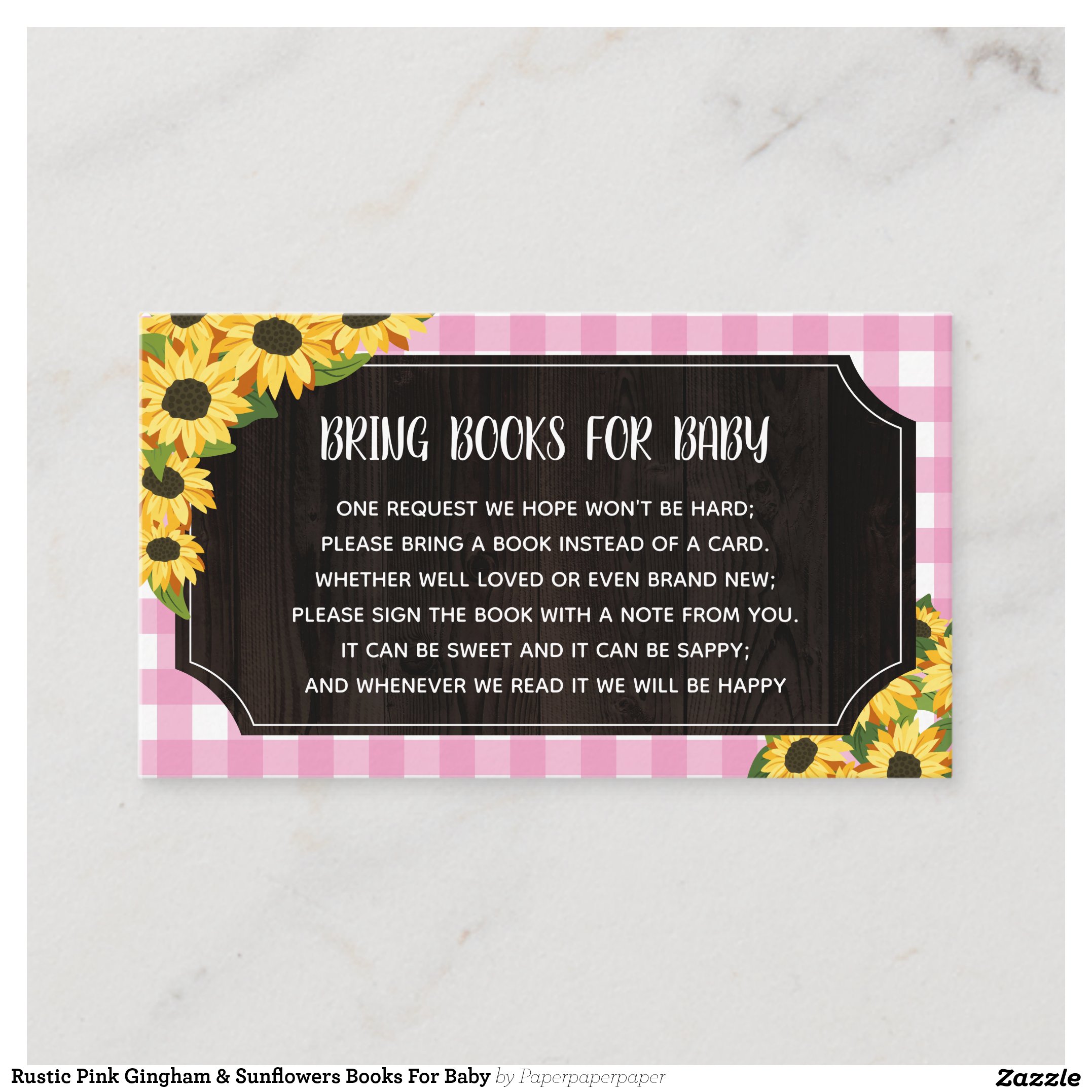 Rustic Pink Gingham & Sunflowers Books For Baby Enclosure Card