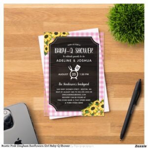 Rustic Pink Gingham Sunflowers Girl Baby-Q Shower Acrylic Invitations