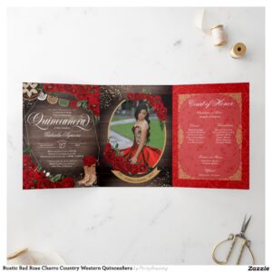 Rustic Red Rose Charro Country Western Quincea?era Tri-Fold Invitation