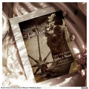 Rustic Roses Cowboy Boots Western Wedding Sepia Save The Date