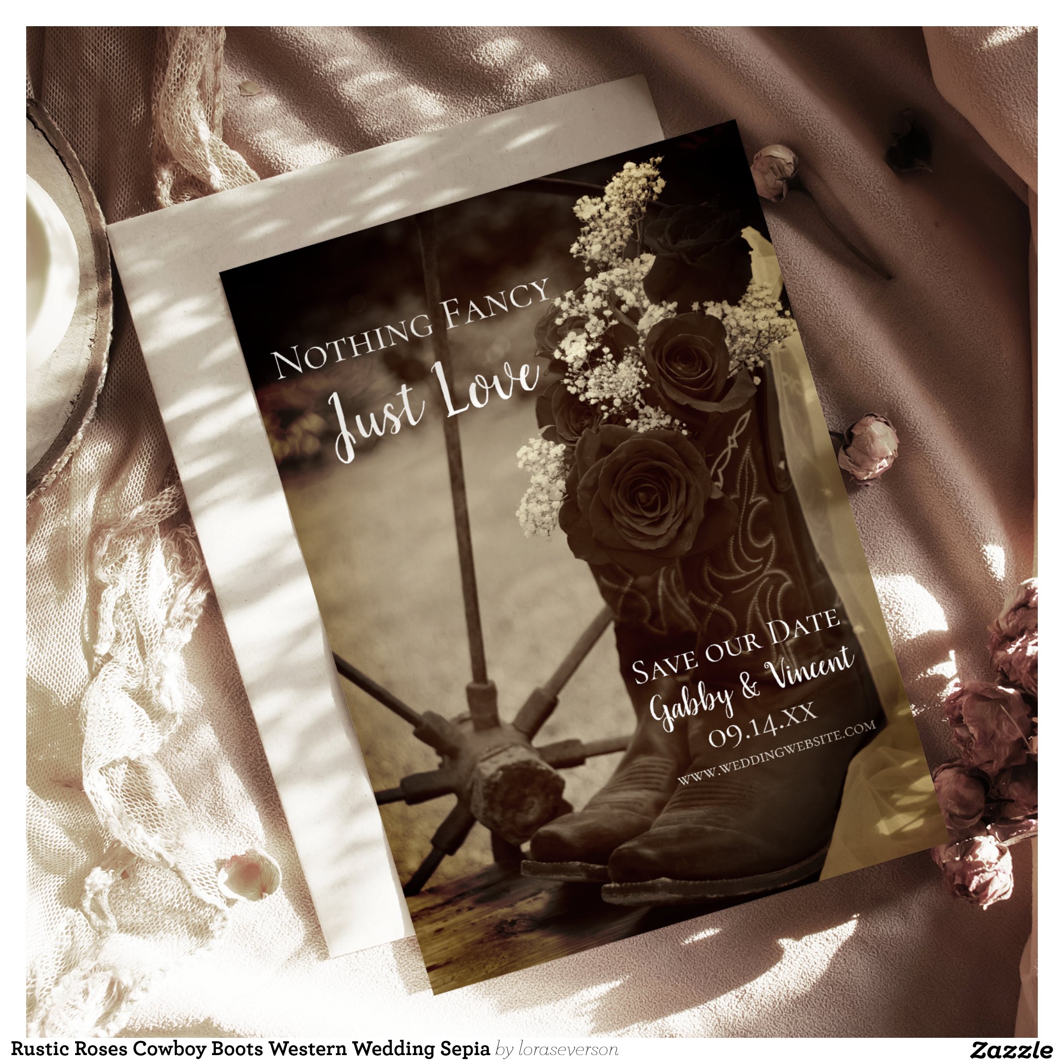 Rustic Roses Cowboy Boots Western Wedding Sepia Save The Date