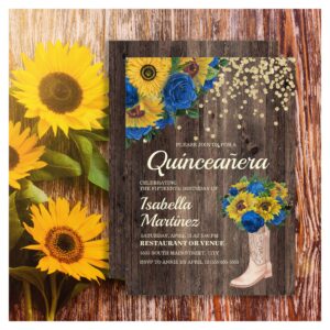 Rustic Sunflower Blue Roses Boots Quincea?era Invitation